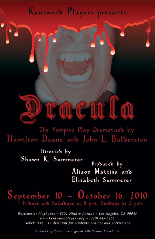 Dracula. by Hamilton Deane and John L. Balderston. Director Shawn K. Summerer. Producer Alison Mattiza and Elizabeth Bouton-Summerer. September 10 – October 16, 2010